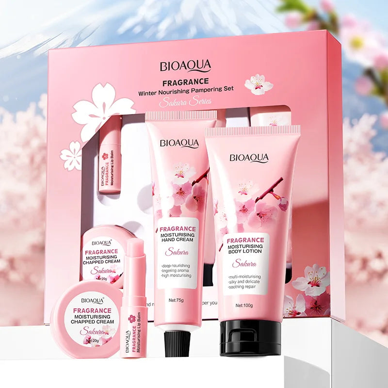 Coffret Sakura BIOAQUA 4 Pièces - Crème Mains Baume Lèvres Lotion Corps Hydratant