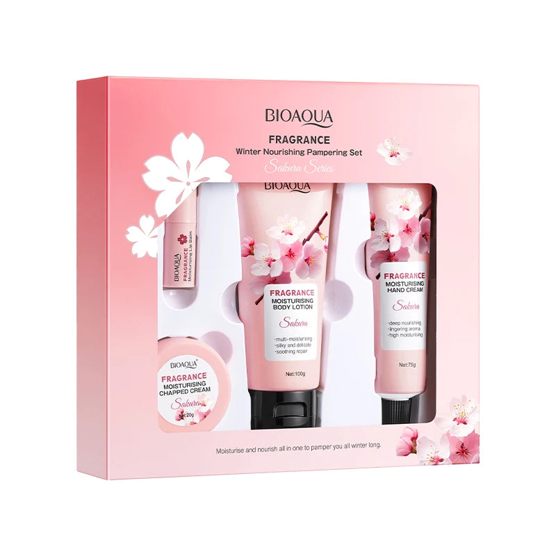 Coffret Sakura BIOAQUA 4 Pièces - Crème Mains Baume Lèvres Lotion Corps Hydratant