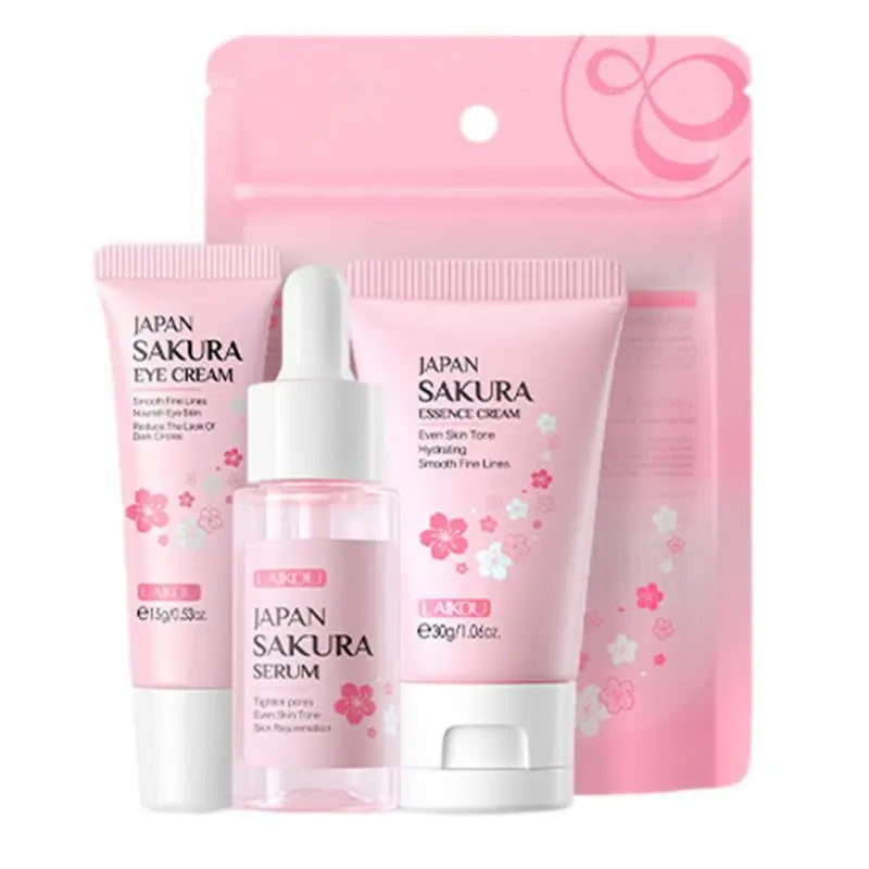 Set Soins Visage Sakura 4pcs - Sérum, Crème Essence & Contour Yeux