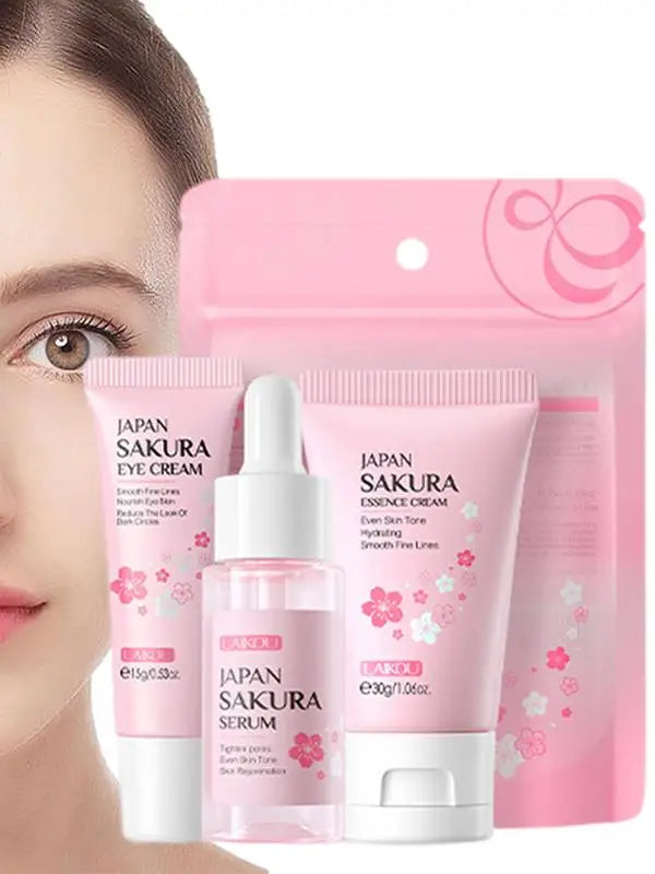 Set Soins Visage Sakura 4pcs - Sérum, Crème Essence & Contour Yeux