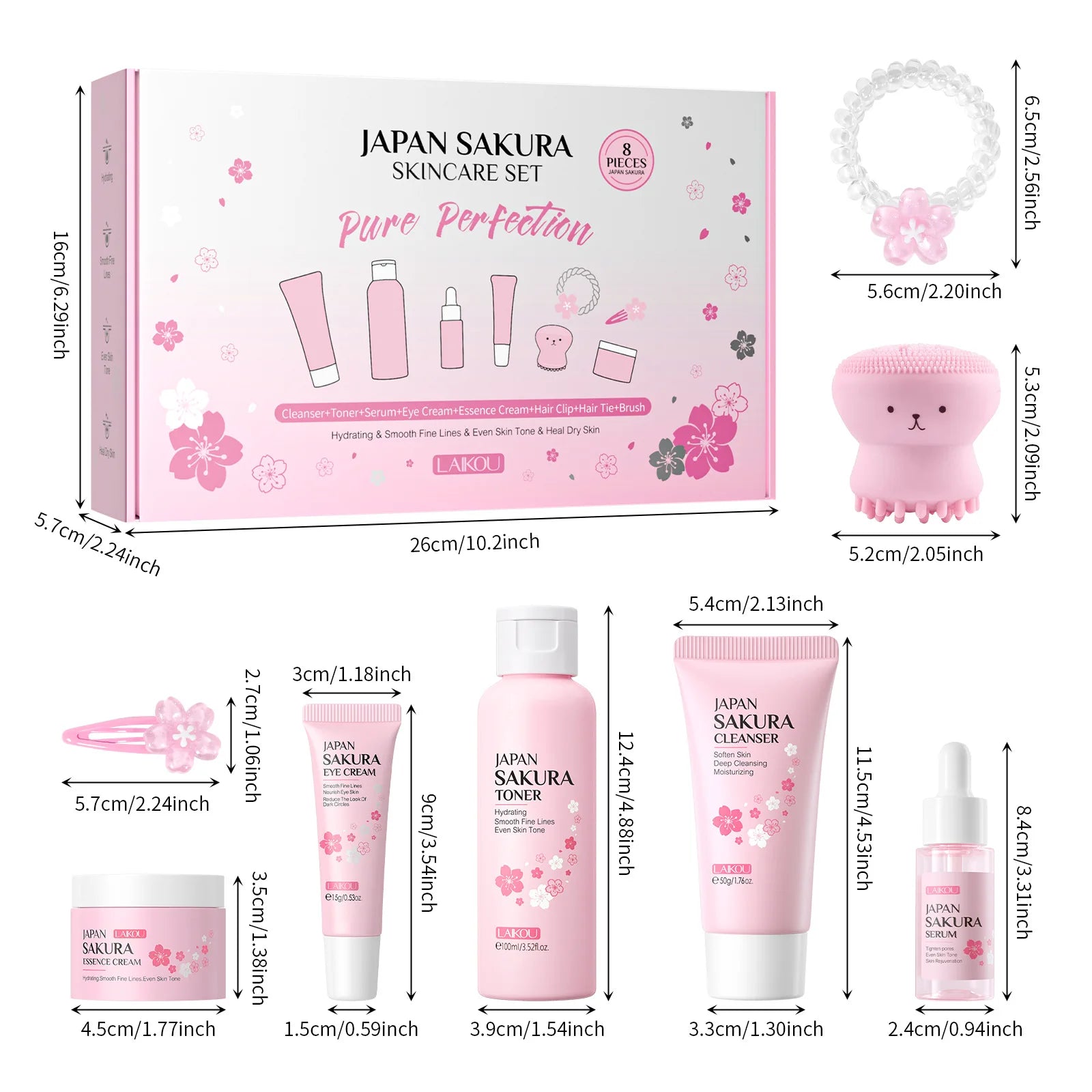 Coffret Soins Sakura 8 Pièces - Nettoyant, Tonique, Essence, Crème Yeux, Accessoires