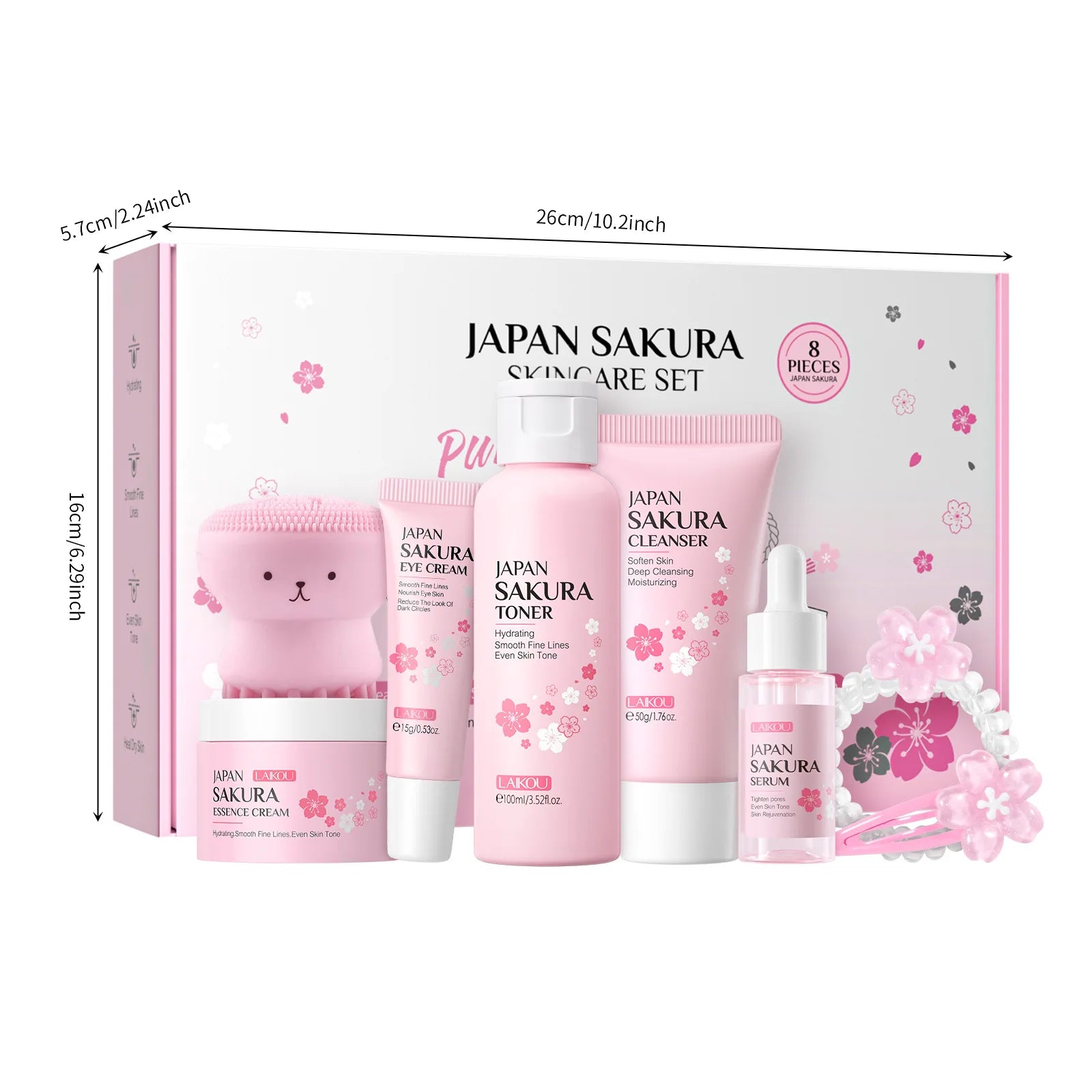 Coffret Soins Sakura 8 Pièces - Nettoyant, Tonique, Essence, Crème Yeux, Accessoires