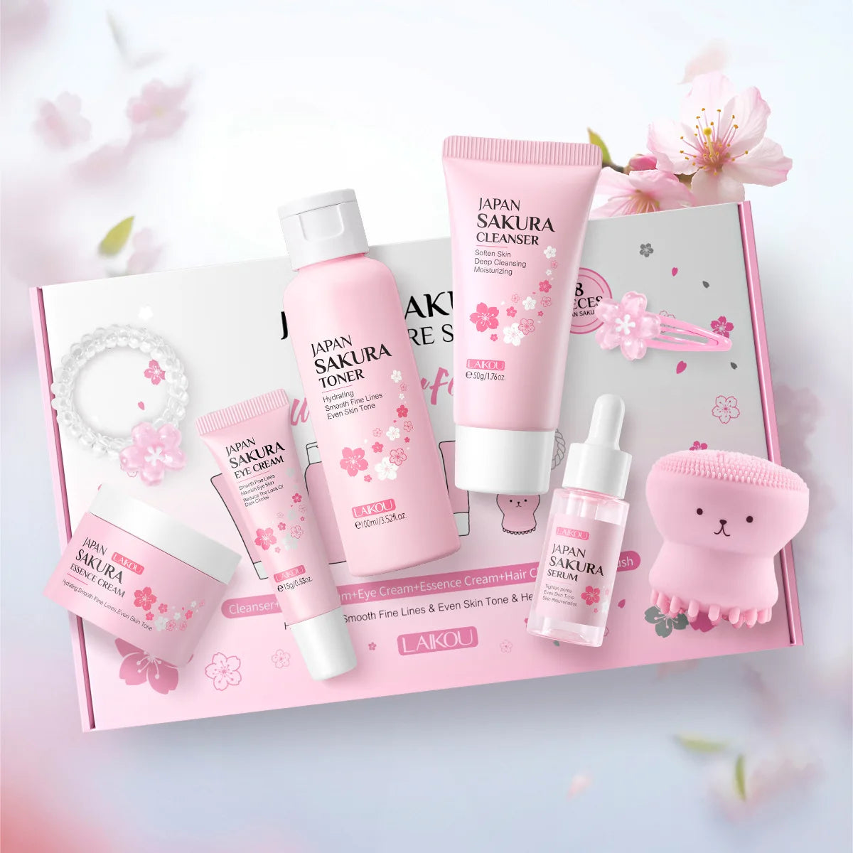 Coffret Soins Sakura 8 Pièces - Nettoyant, Tonique, Essence, Crème Yeux, Accessoires