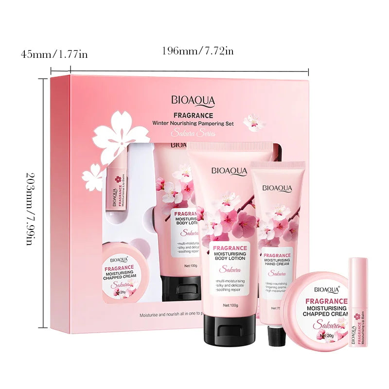 Coffret Sakura BIOAQUA 4 Pièces - Crème Mains Baume Lèvres Lotion Corps Hydratant