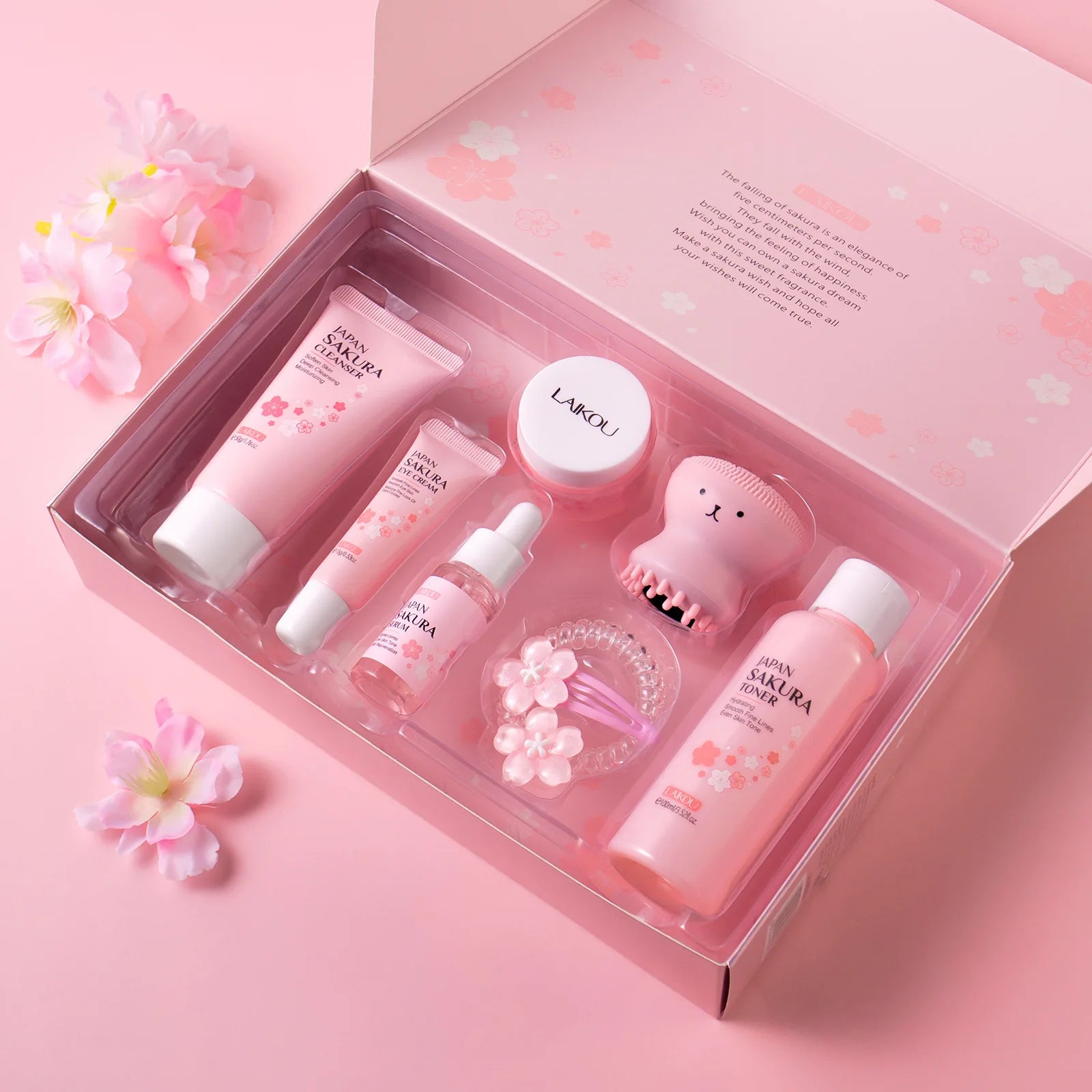 Coffret Soins Sakura 8 Pièces - Nettoyant, Tonique, Essence, Crème Yeux, Accessoires