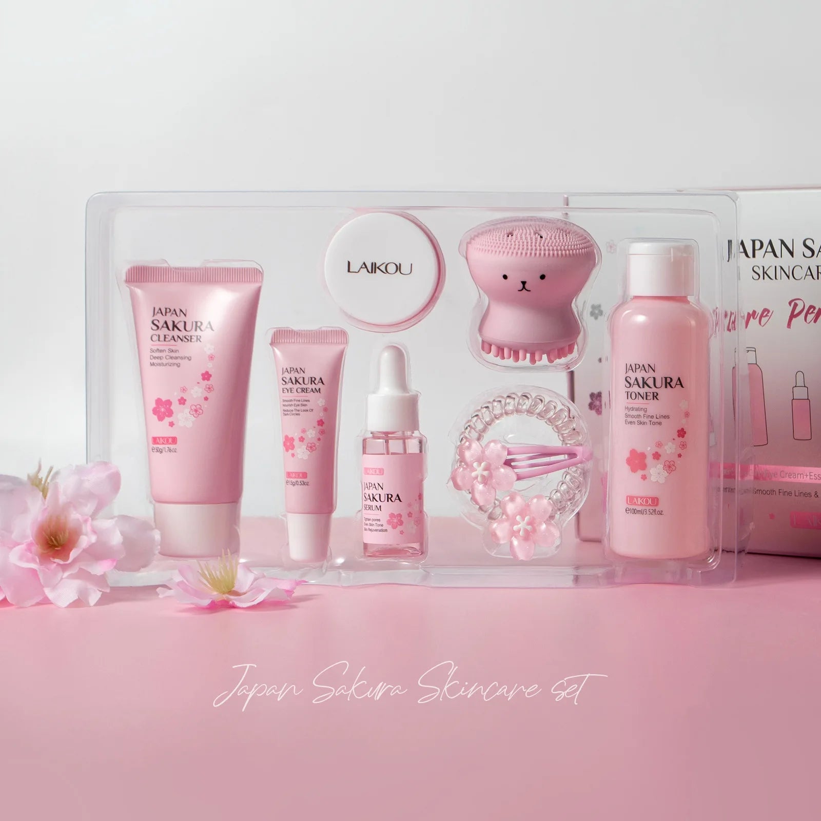 Coffret Soins Sakura 8 Pièces - Nettoyant, Tonique, Essence, Crème Yeux, Accessoires